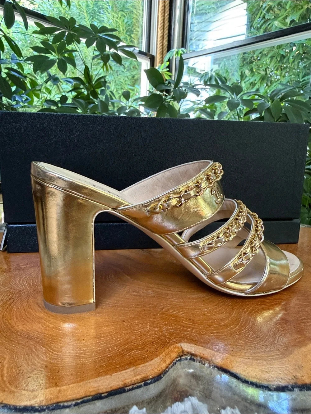 CHANEL Gold Chain-Trim High Block Heel Mules